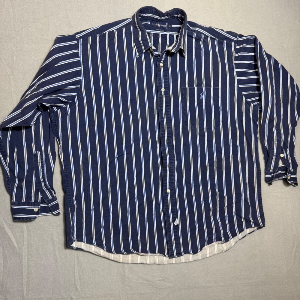 Ralph Lauren Mens XL Navy White Striped Cotton Button Down Long Sleeve Shirt